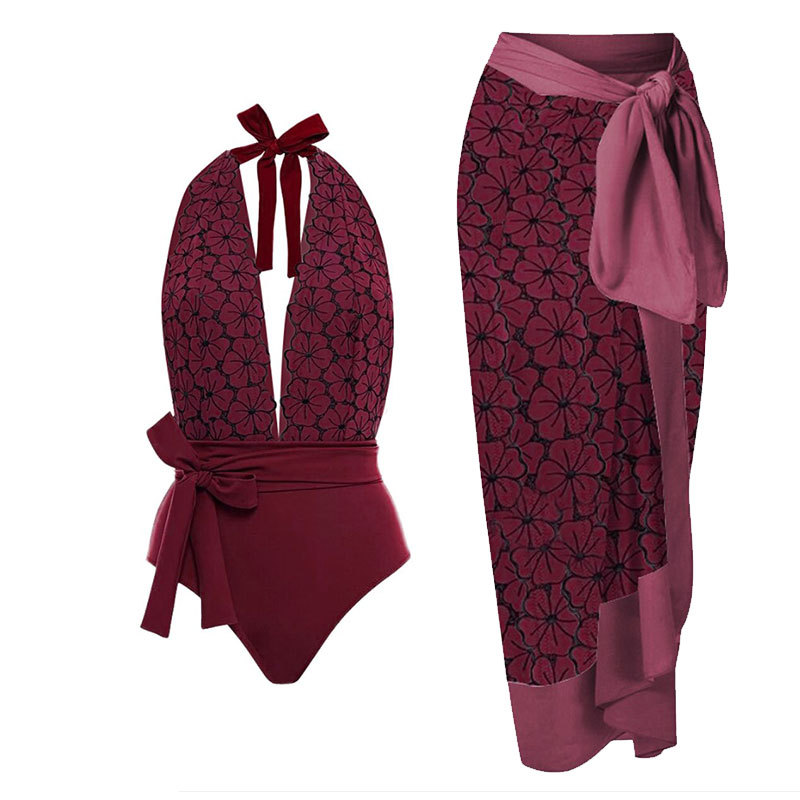 Spa Resort Style Women's Swimsuit Printed Color Block Jumpsuit Sunscreen Gauze Skirt_voghion.com