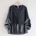 Korean-Inspired Oversized Layered Knit Sweater - Round Neck Cotton Blend Pullover (S-L, Grey/Black)_voghion.com