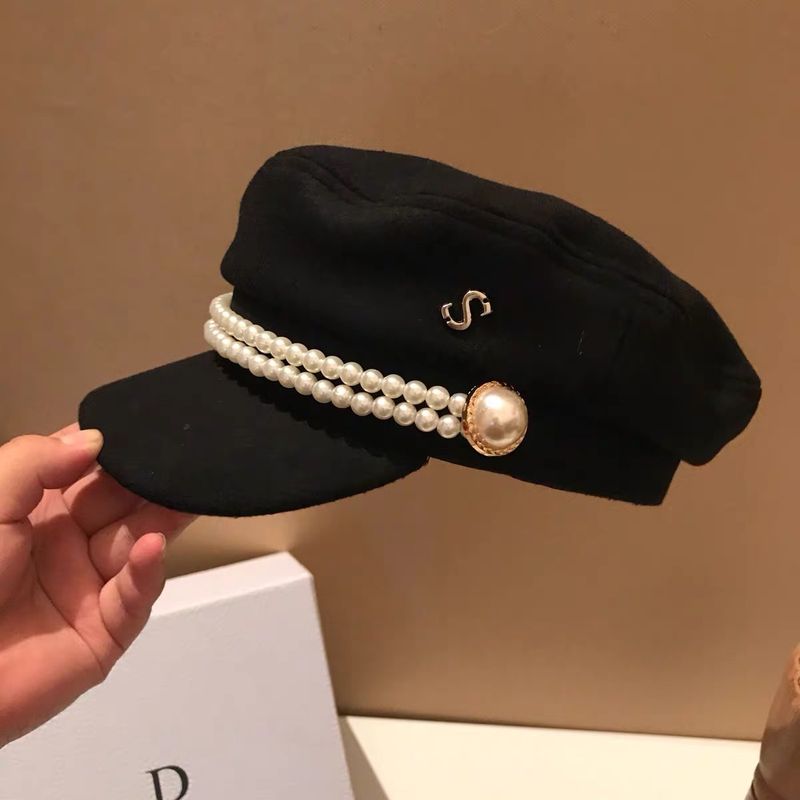 Chapeau en laine bleu marine à la mode Xiaoxiangfeng cousu à la main avec perles, grande marque, chapeau simple et polyvalent_voghion.com