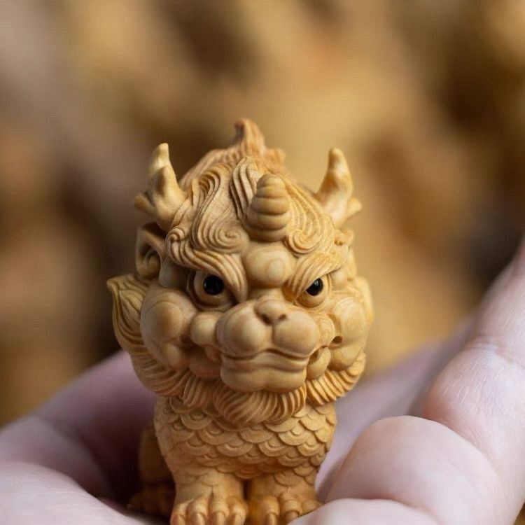 Cliff Cypress Wood Carving Handle, Qilin Auspicious Beast Town House Crafts, Play Objects, Car Ornaments, Home_voghion.com