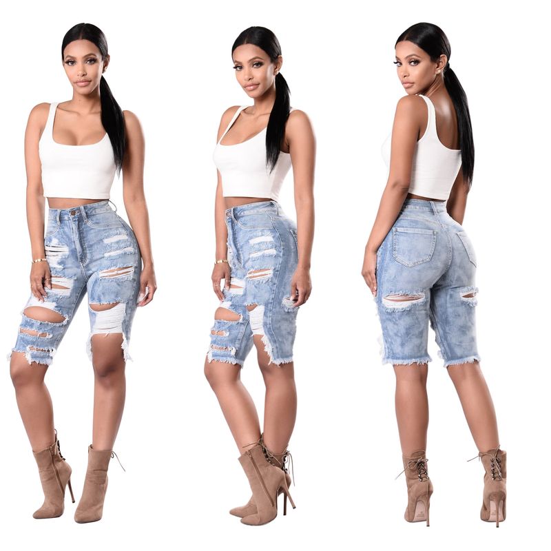 Women's clothing HSF2067 fashion front and rear handmade ripped high-waist washed denim shorts, non-elastic_voghion.com
