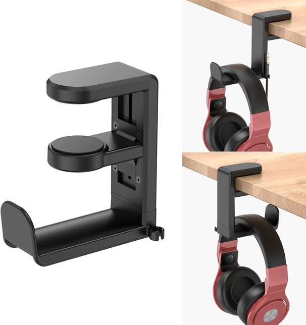 Rotating Headphone Stand - PC Gaming Headset Holder, Adjustable Clamp-on Under Desk Hanger With 360 Degree Swivel & Cable Clip Organizer - Black_voghion.com