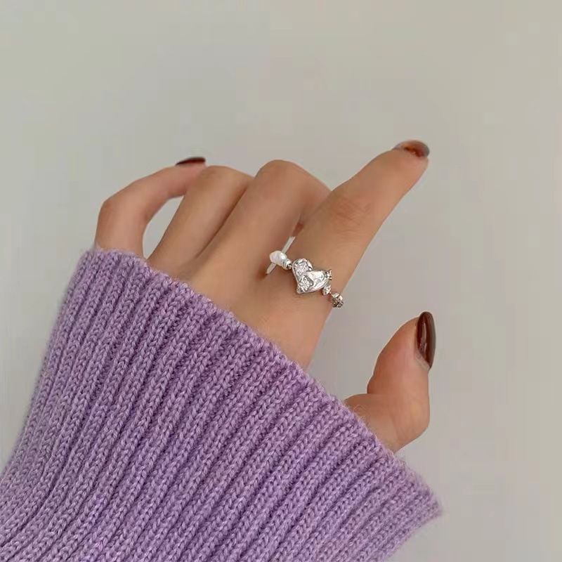 Französischer Nischen-Licht-Luxus-Zirkon-Perlen-Liebes-elastischer Ring, einfaches Design, Zeigefingerring, Schmuck für Frauen_voghion.com
