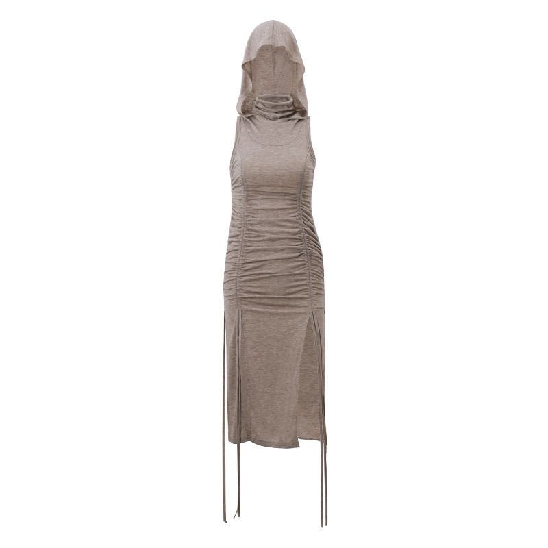 2023 Sommer Neue Damenmode Hochgeschlossenes Kapuzenkleid Gefaltete Kordelzug Taille Gewickelt Sexy Hohl Split Kleid_voghion.com