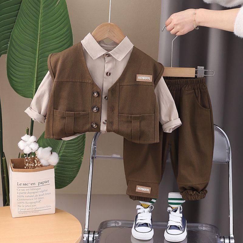 Boys' Spring and Handsome Set, Children's Baby Korean Edition, Western Style, Autumn Clothing, Work Clothes, Vest Shirt,_voghion.com