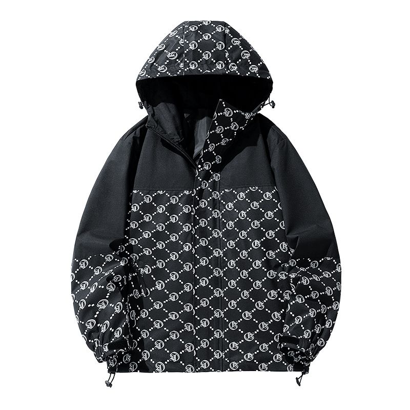Men's Clothing Fashion Hooded Jacket Couple Jacket Full Of Printed Letters Stitching Windproof And Waterproof Jacket Cross Border_voghion.com