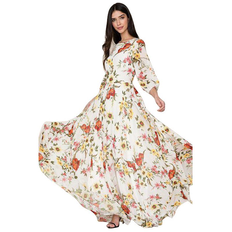 Women's new Bohemian printed chiffon dress with round neck, sleeves and big waist dress_voghion.com