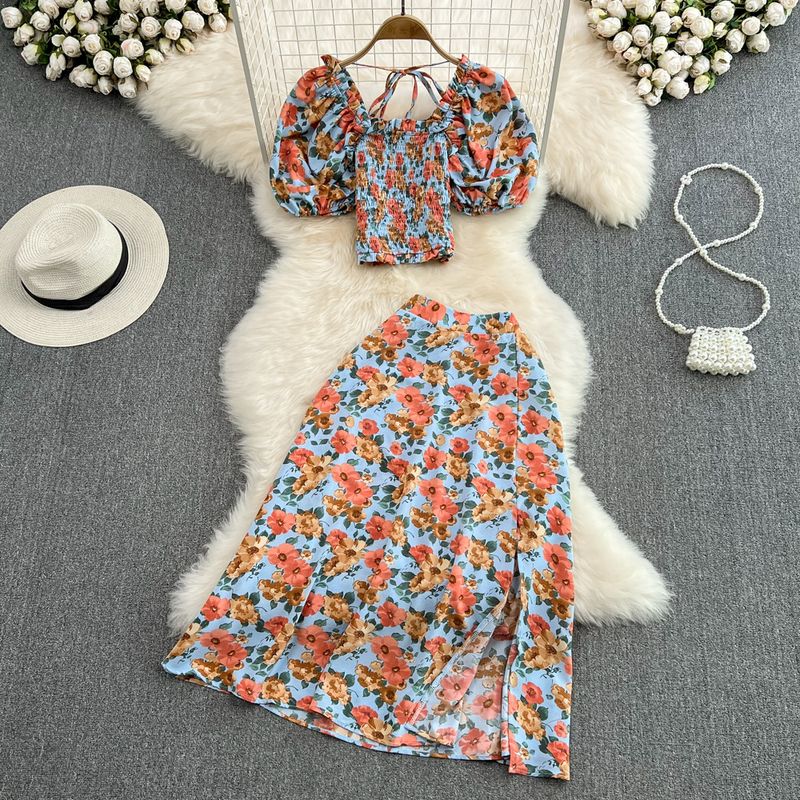Col carré pour femmes, coupe ajustée, haut court, ensemble deux pièces, jupe fendue florale taille haute, été_voghion.com