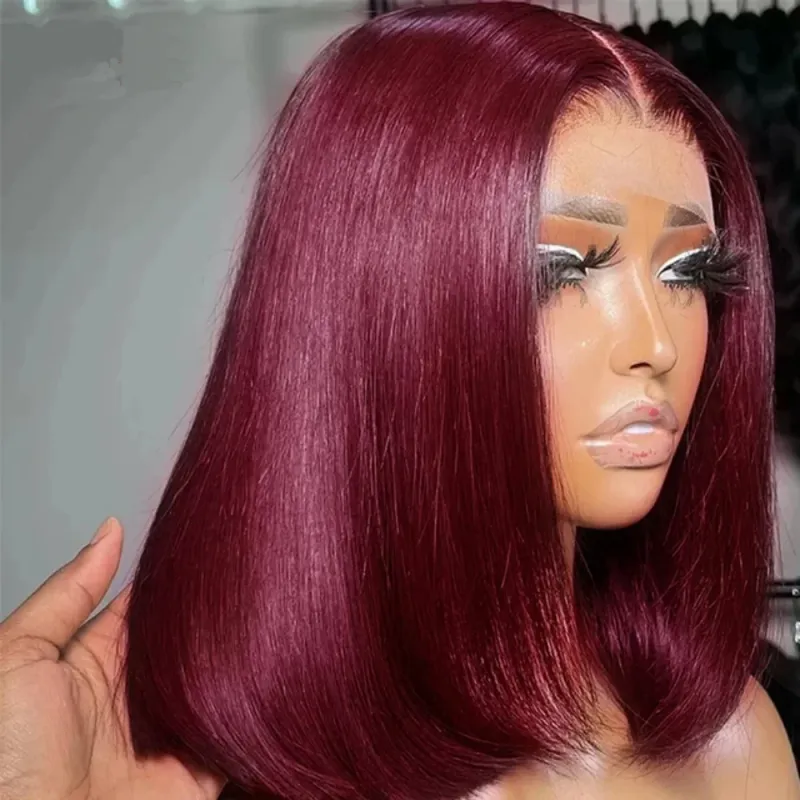 Parrucche Bob 99J Parrucche Frontali in Pizzo per Capelli Umani Parrucca Frontale in Pizzo 13x4 Parrucca Bordeaux Rossa Lisci Corti Bob_voghion.com