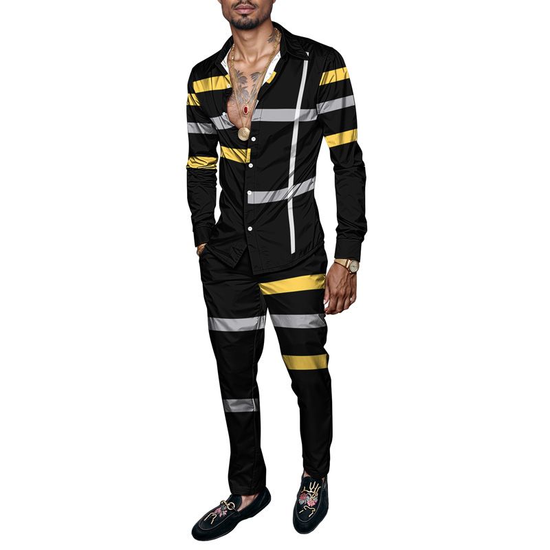 2025 Casual Men Shirt Set Geometry Print Summer Fashion Simple Two Piece Set Mens Gradient Lightweight Party Long Sleeves Suit_voghion.com