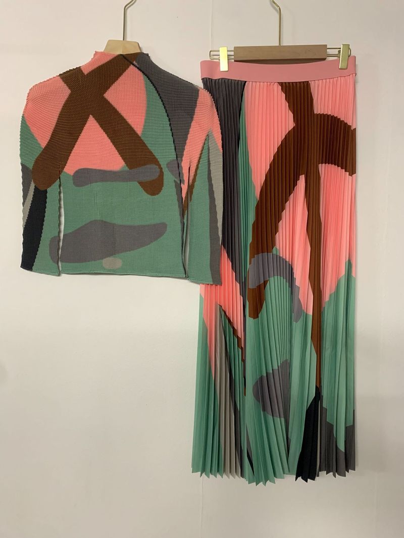 Damenbekleidung Plissee-Set, zweiteilig, Mais-Plissee-Oberteil, hohe Taille, locker bedruckter Faltenrock_voghion.com