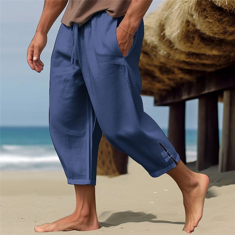 Herrenbekleidung Herren-Sommerhose aus Leinen, Strandhose, einfarbige Hose mit Beinschlitz, bequeme, atmungsaktive,_voghion.com