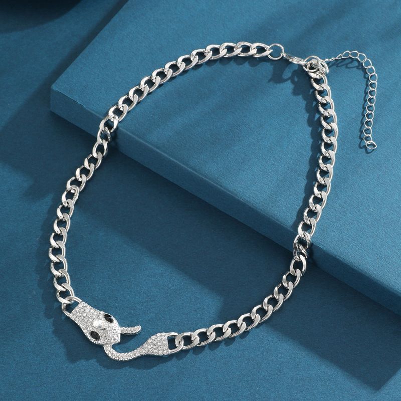 Collana in metallo con testa di serpente con diamante semplice e alla moda, catena spessa, catena cubana, stile ins, accessori per clavicole scure per donne_voghion.com