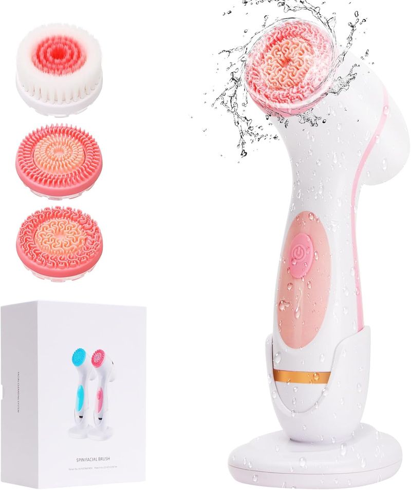 Facial Cleansing Brush, Waterproof Dual-Rotation Face Scrubber Exfoliator With 3 Brush Heads And 2 Adjustable Speeds (Pink)_voghion.com