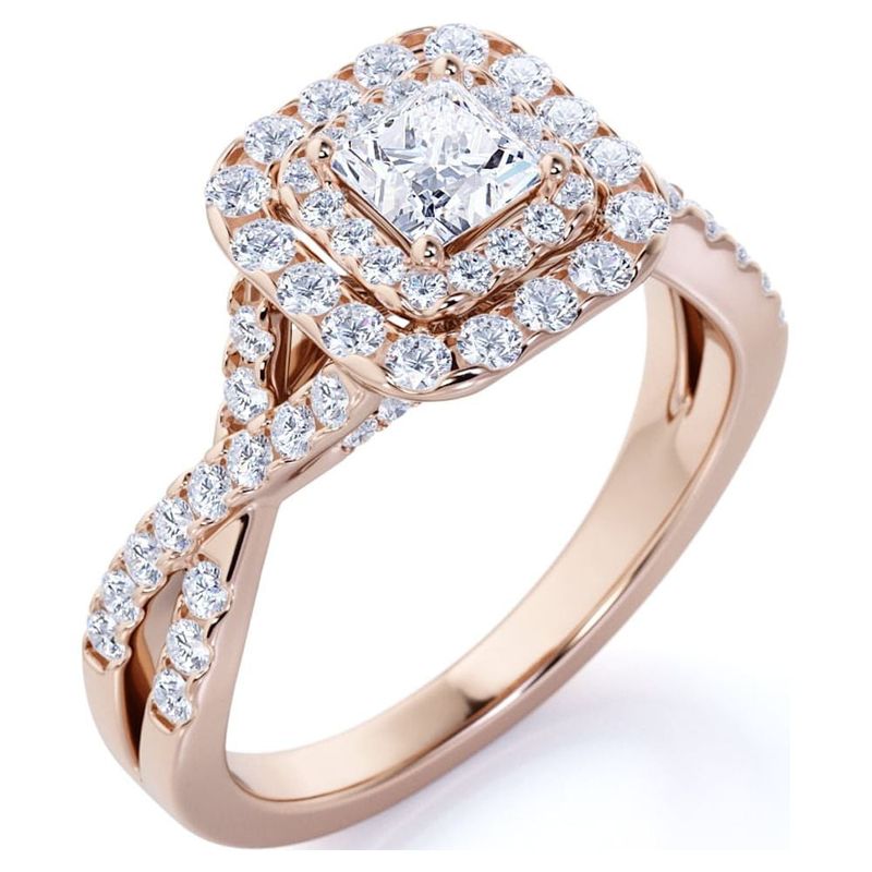 JeenMata Anello da sposa con set di fidanzamento in moissanite taglio principessa da 1 carato con doppio alone - Oro rosa su argento_voghion.com