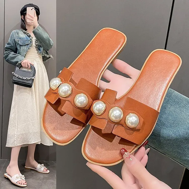 Neu Leder Echtes Flache Designer Perle Bequeme Casual Bottom frauen Schuhe Outdoor Strand Sandalen Indoor Hausschuhe_voghion.com