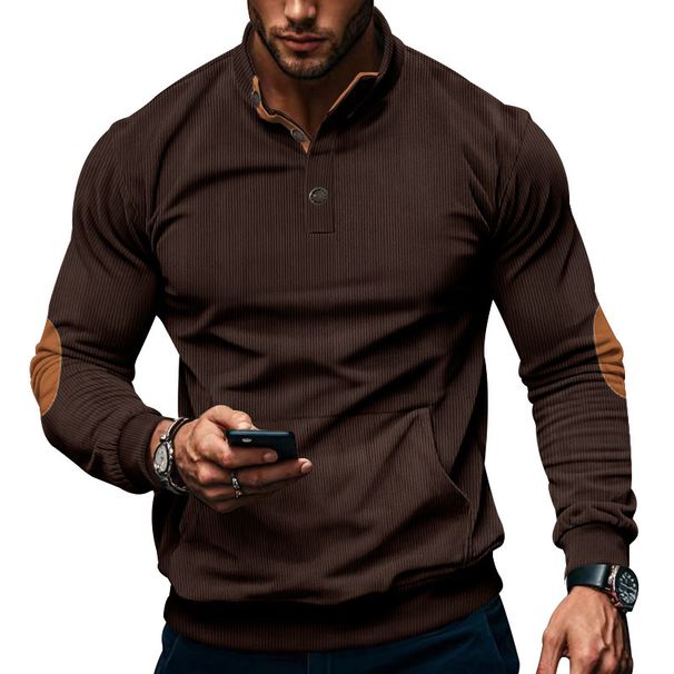 Men's Clothing Corduroy Casual Sweatshirt With Stand Collar & Patch Pockets - Lightweight Long Sleeve Pullover For Spring/Autumn (Black, Army Green)_voghion.com