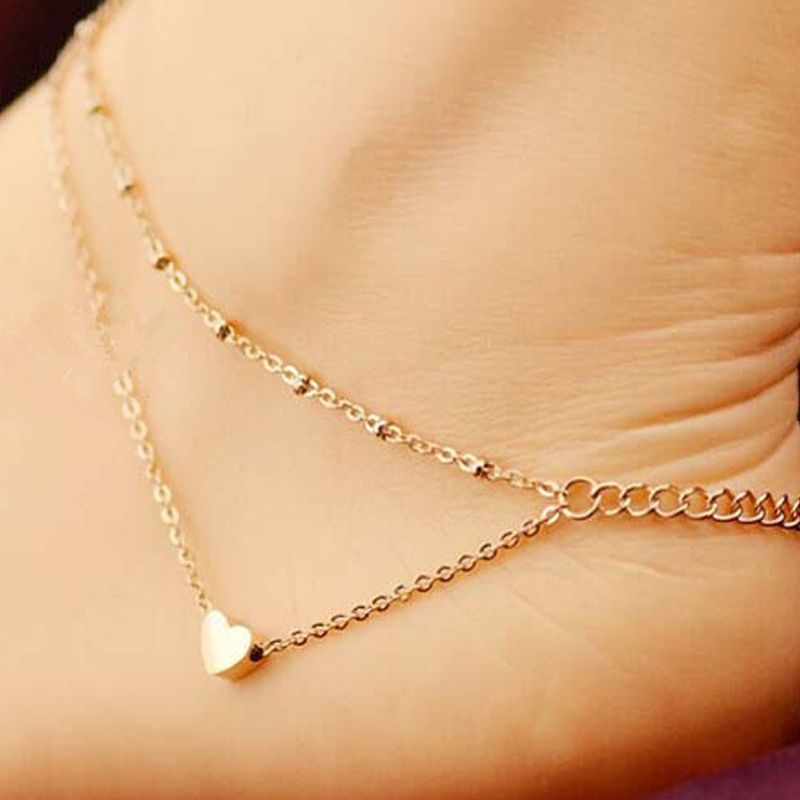 Koreanischer und japanischer Stil, Mode, doppellagig, Strand-Fußkettchen, europäischer Titanstahl, Herz-Geschenk, Fußschmuck_voghion.com