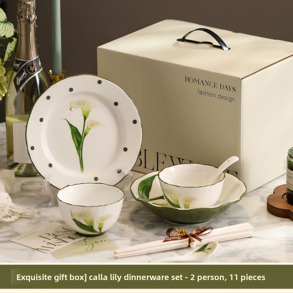 Französisches Calla-Lilie-Geschirrset für Zuhause, leichtes Luxus-High-End-Keramikschüssel, Teller, Box, neues Hochzeitsgeschenk_voghion.com