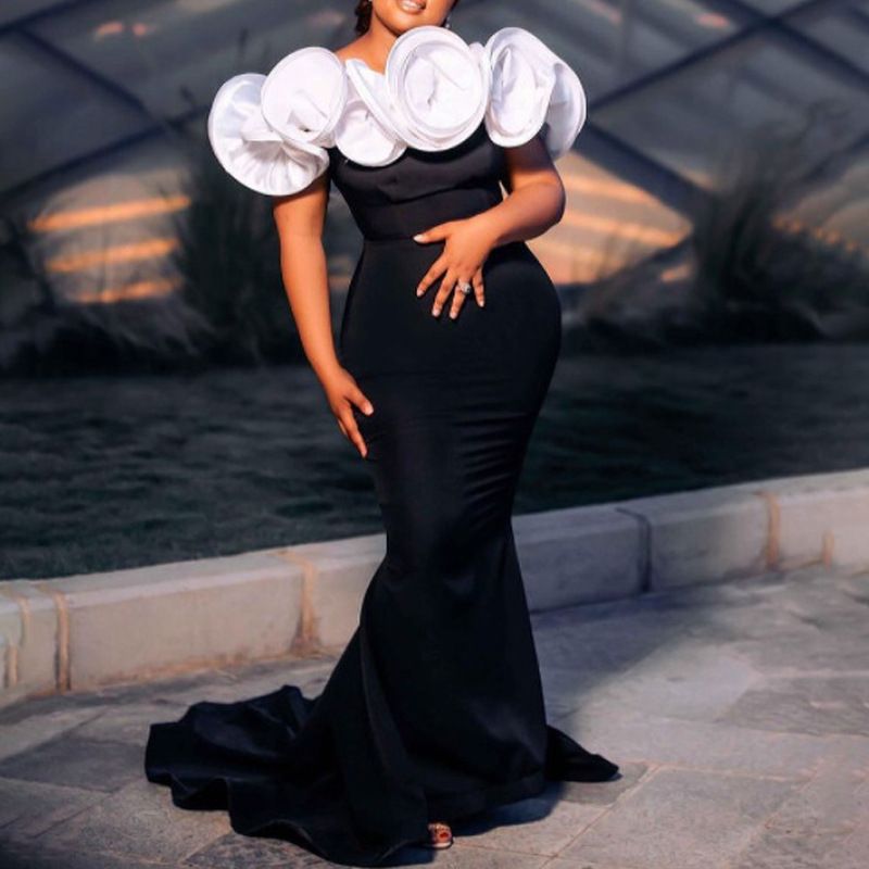 Schwarzer langer Damenrock mit hoher Taille, eingewickelter Brust, schmale Passform, Schlitz, Temperament, Pendeln, großes Swing-Kleid_voghion.com