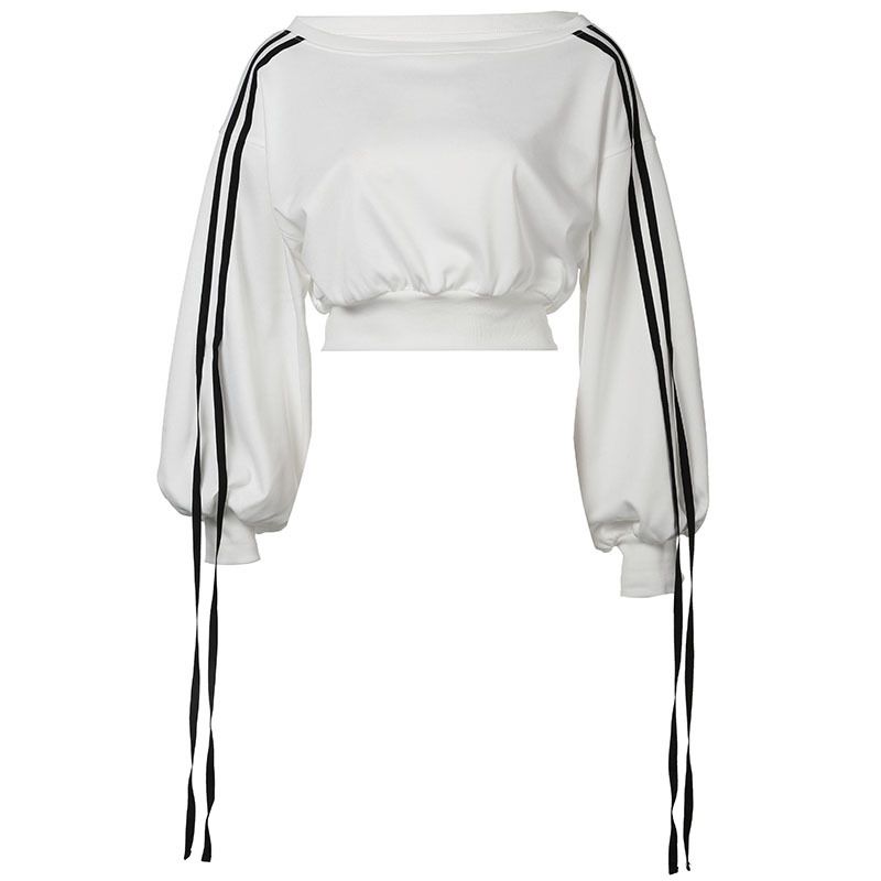 Women's Clothing Color Loose Casual Oblique Collar Navel Baring Pullover Long Sleeved Sweatshirt High Waist Straight Trousers Suit_voghion.com