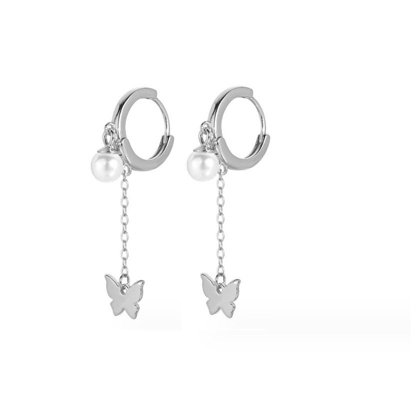 Orecchini a cerchio con perle pendenti e farfalla placcati in argento sterling 925 da donna PE_voghion.com