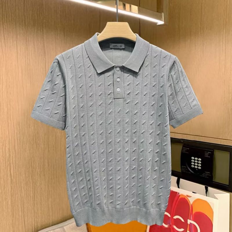 Men's Clothing Summer Short Sleeved T Shirt Vertical Grain Lapel Shirt Youth Slim Fit All Match Knitted Bottoming Shirt_voghion.com