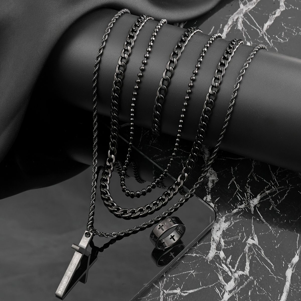 Schmuckset Modetrend Kreuzring Halskette Personalisiertes Titanstahlzubehör_voghion.com