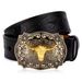HEIßER Westlichen Emed Echtes Leder Gürtel Goldene Cowboy Longhorn Bull Muster Floral Gravierte Schnalle Gürtel Für Männer Freies Verschiffen_voghion.com
