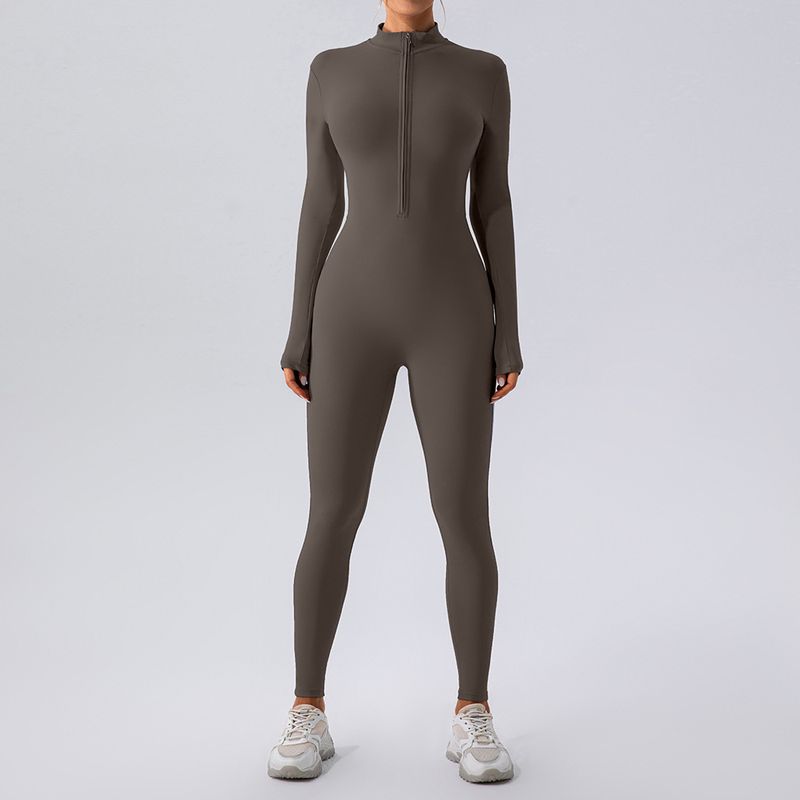 Women's Clothing Zipper Nude Long Sleeved Yoga Jumpsuit Sports Fitness Training Dance All In One Jumpsuit_voghion.com