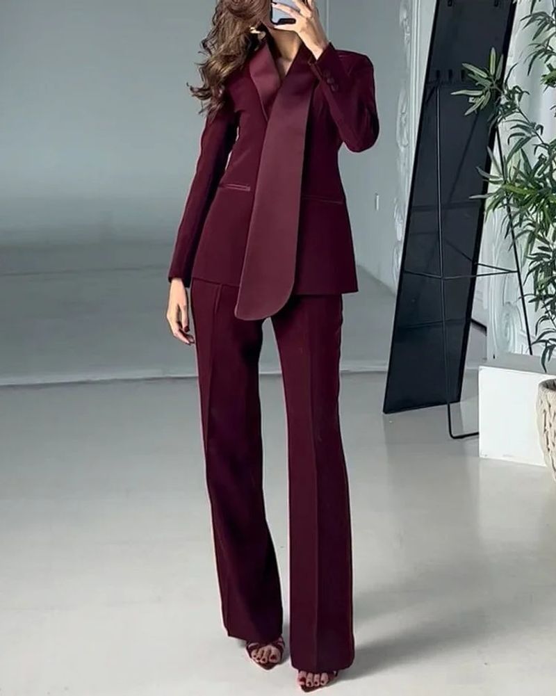 Vêtements pour femmes, nouvelle mode d'été, revers élégant, manches longues, couleur unie, ensemble deux pièces_voghion.com