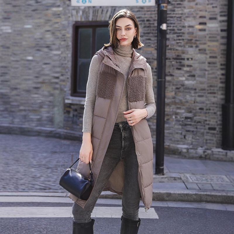 Women's Clothing autumn and winter mid length knee length cotton vest with hood for women fashion zipper single breasted cotton jacket_voghion.com