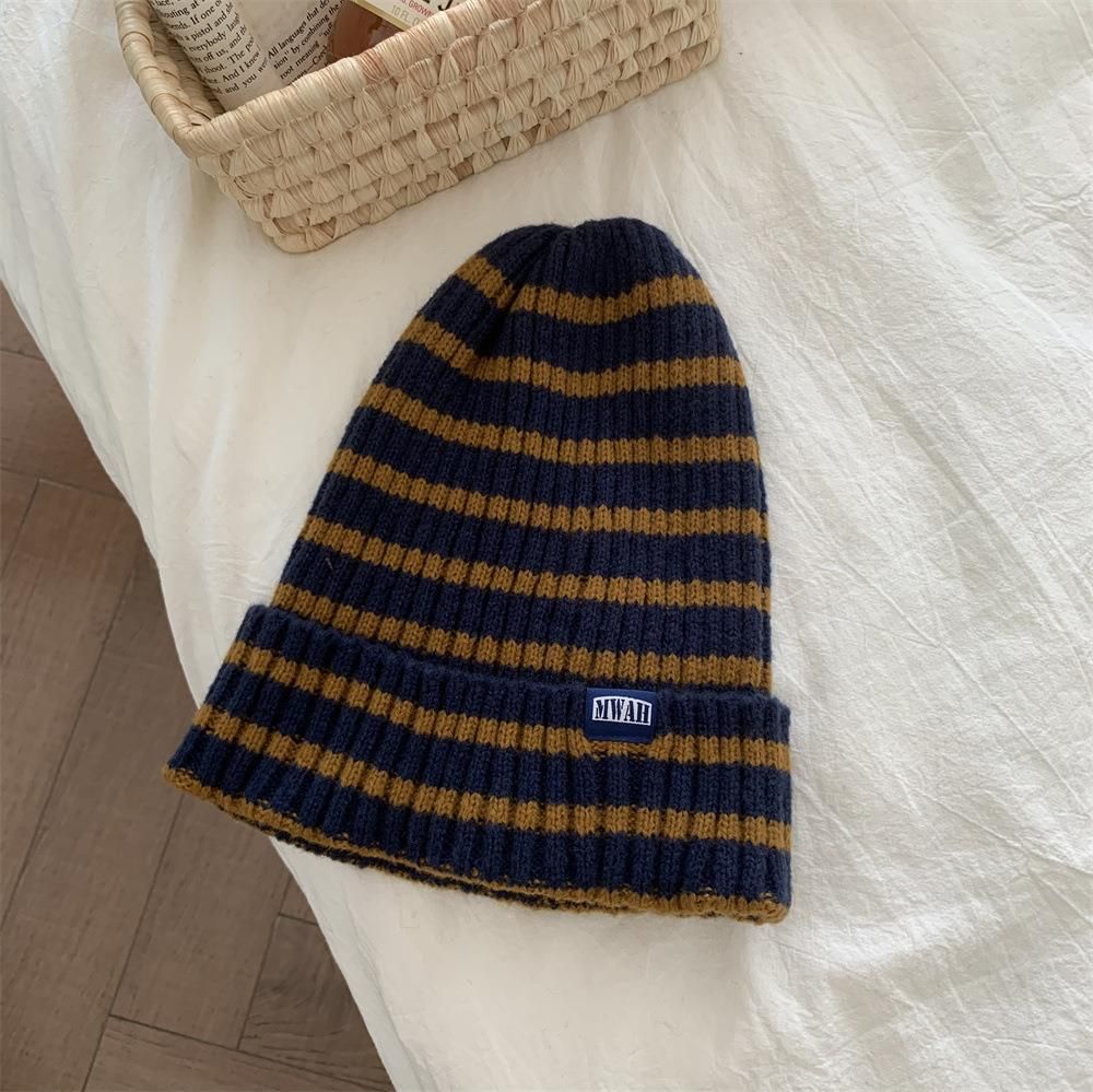 Japoniška dryžuota retro vilnonė skrybėlė moteriška rudens ir žiemos nišinė literatūrinė Baotou megzta skrybėlė vyriška šilta pora šalta skrybėlių tendencija_voghion.com