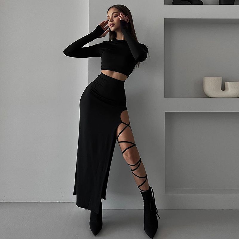 Damen einfarbiger Langarm-Kurz-Crop-Top mit hoher Taille, sexy Schnür-Schlitz-Rock-Anzug_voghion.com