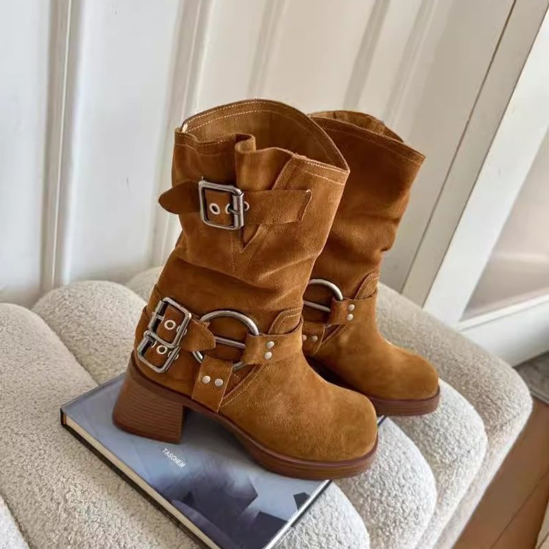 Cizme scurte din piele naturală, cu toc gros, de damă, din piele de vacă mată, stil western cowboy, cu vârf pătrat, maro, cu tocuri înalte._voghion.com