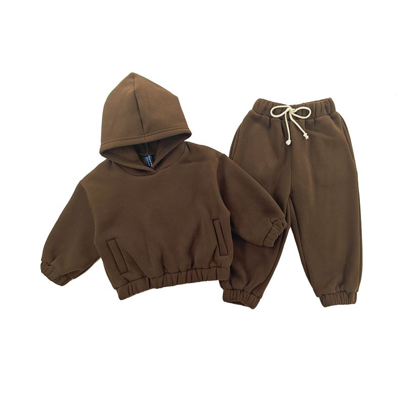 Korean version of new winter clothing for boys and girls, solid color fleece hooded sweatshirt, leg tied pants, casual_voghion.com