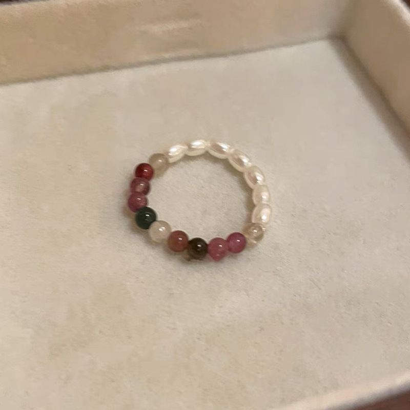 Tourmaline Pearl Natural Stone For Women Summer Niche Design Index Finger Colorful Beaded Silver Fragment Ring_voghion.com