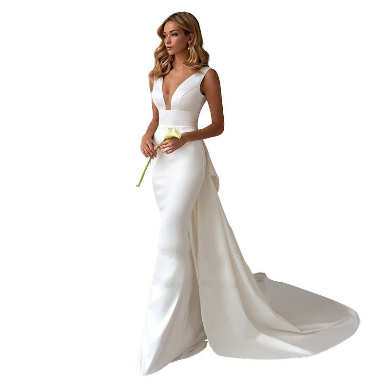 Rochie de mireasă elegantă pentru femei, cu coadă de sirenă, simplă, din satin, cu decolteu în V, de seară la modă_voghion.com
