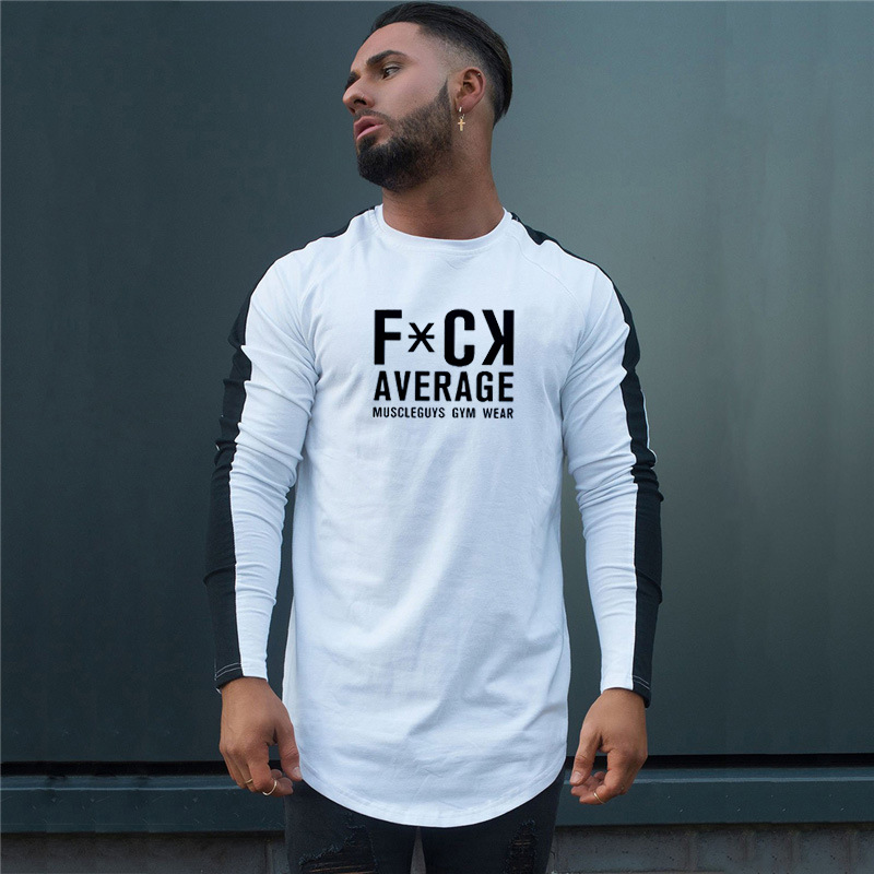 T-shirt da uomo patchwork a maniche lunghe in cotone slim a base lunga con stampa di lettere da palestra_voghion.com