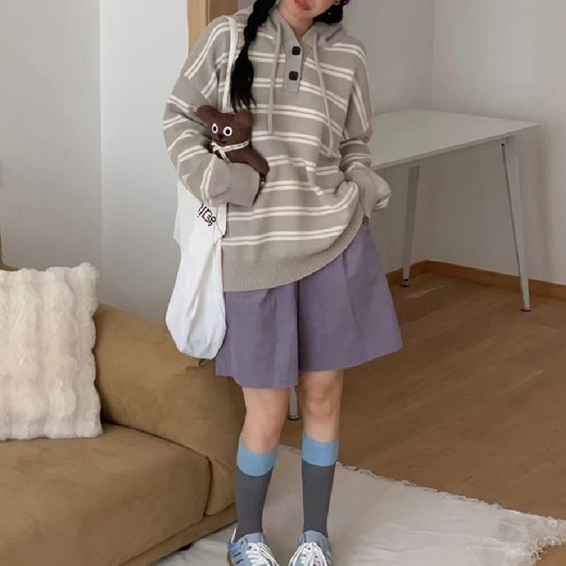 Pull tricoté rayé à capuche pour femme en automne et en hiver, nouveau style paresseux coréen pour réduire l'âge, collège_voghion.com