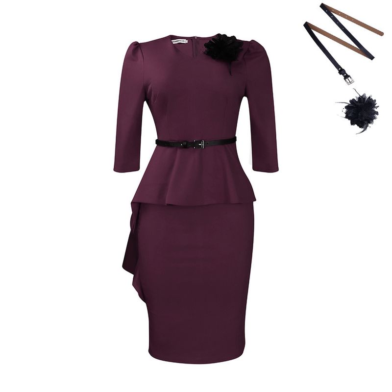 Women's ruffled retro V-neck hip-hugging temperament pencil dress_voghion.com