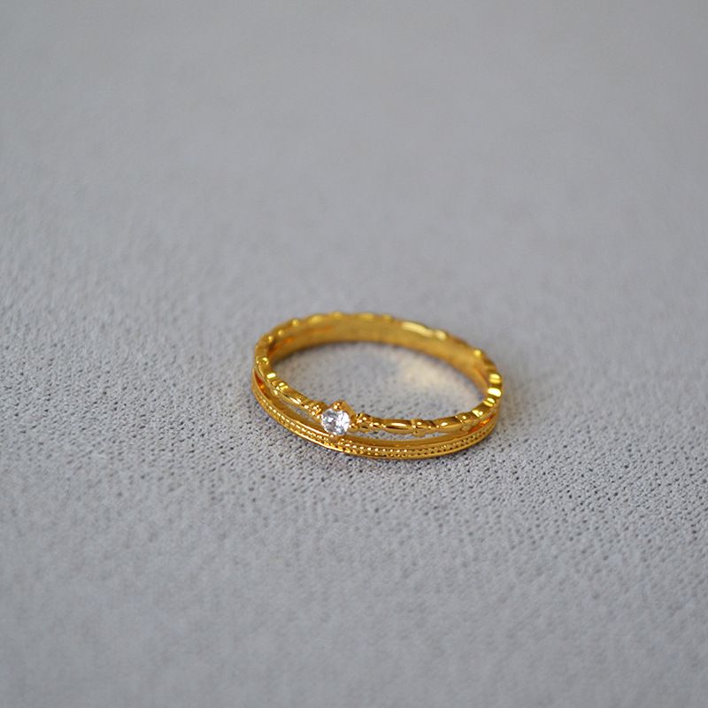 Niche Light Luxury Simple Double Layer Line Zircon Sparkling Brass Gold-Plated Stacking Thin Index Finger Ring_voghion.com