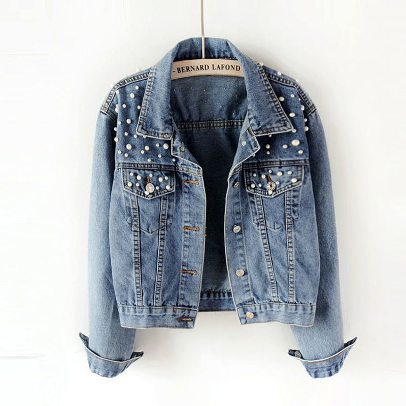 Giacca in denim effetto consumato, blazer casual da donna con decorazioni in strass, cappotto oversize azzurro chiaro per studenti e taglie forti_voghion.com