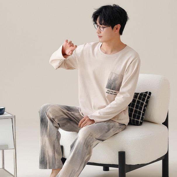 Men's pajamas, men's spring autumn styles, winter pure long sleeved home clothes, casual and simple cotton plus size_voghion.com