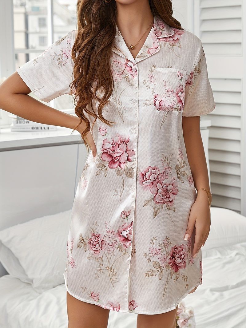 New Floral Print Sexy Nightgown Casual Short Sleeve Shirt Long Dress Ice Silk Nightdress Women's Summer Thin Robe_voghion.com