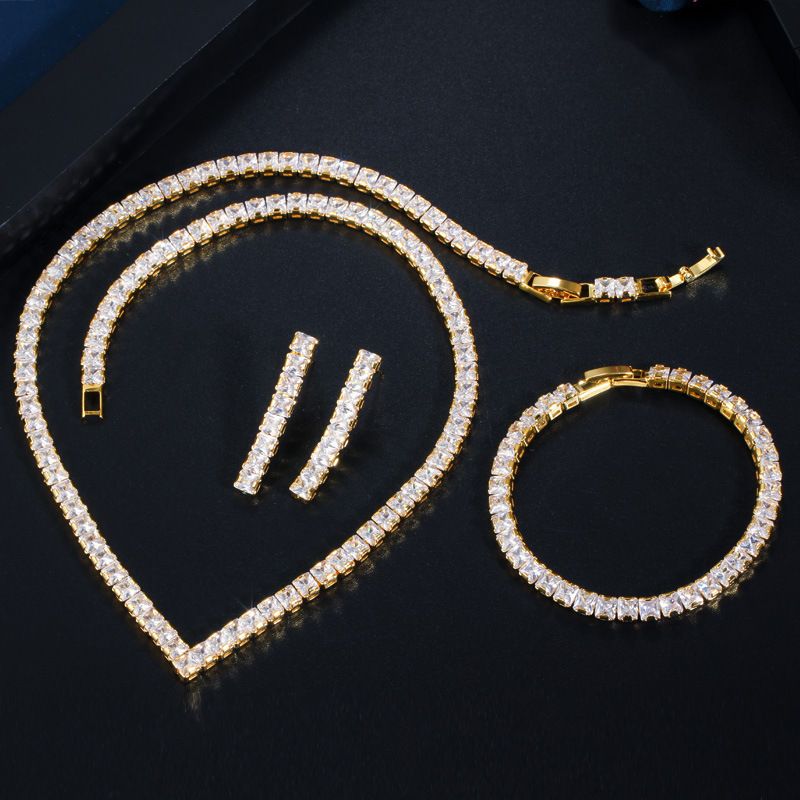 T0165 Korean Bride Wedding Dinner Accessories Full Set of Zircon Necklaces, Earrings, Bracelets, Three Pieces_voghion.com