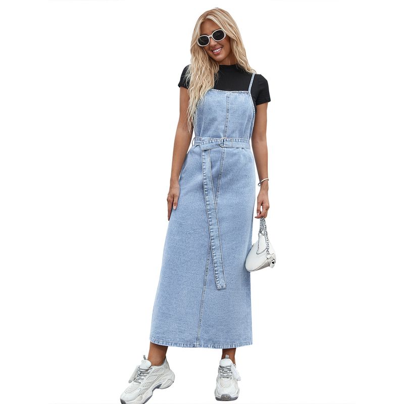 women's clothing fashionable waist suspender mid-length denim dress_voghion.com