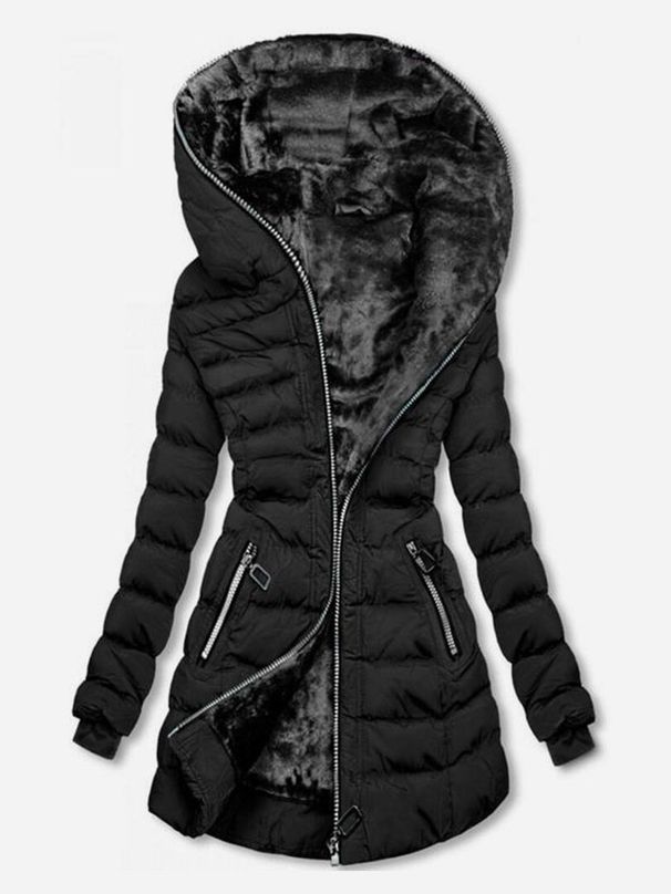 Damen Winterjacke mit Kapuze, langen Ärmeln, Plus Samt, Baumwolle, mittellang, Reißverschluss_voghion.com