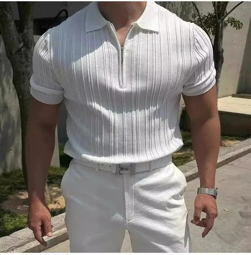 Half Zipper Shirt Men's Short Sleeve Lapel Knitted Tops Handsome Shirt Men's_voghion.com