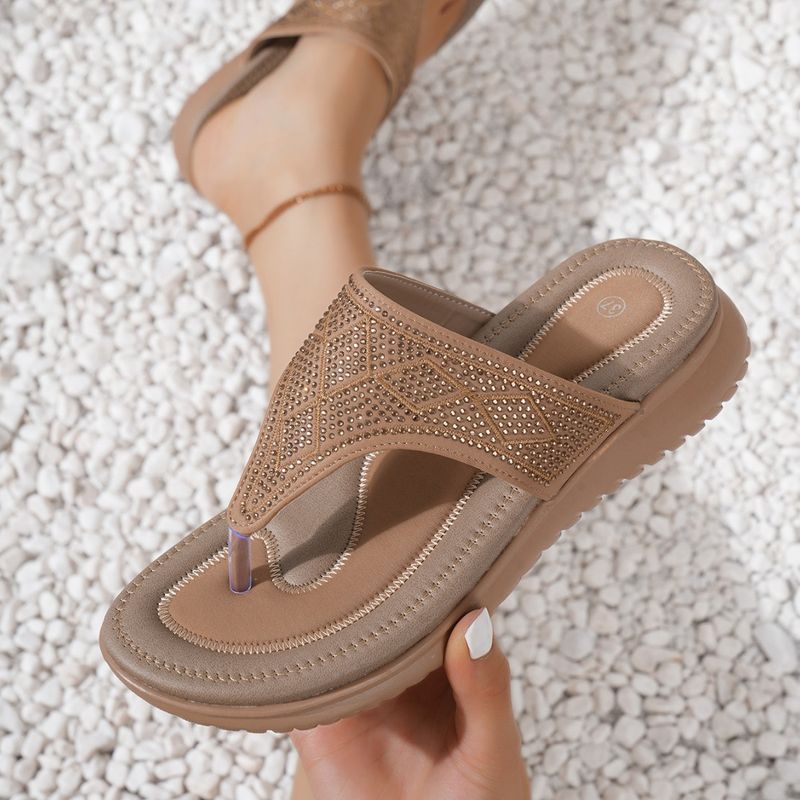 Chanclas de talla grande con diamantes de imitación simples de sutura para mujer_voghion.com